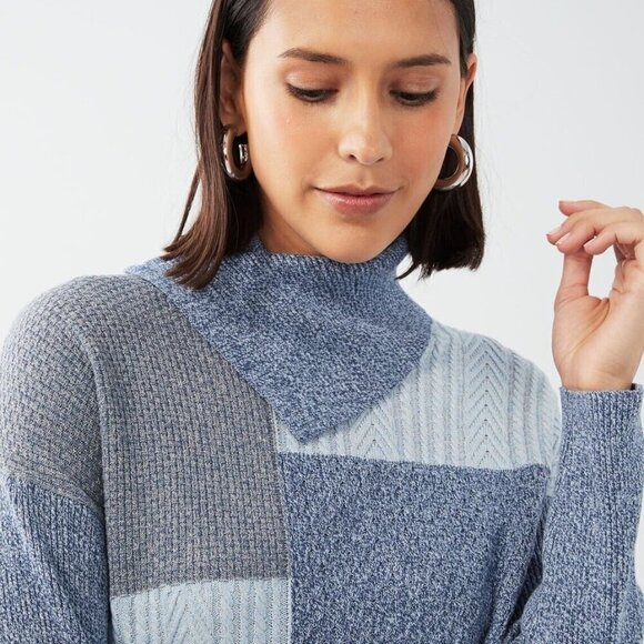 FDJ French Dressing Jeans Patchwork Cable Knit Turtleneck Sweater Blue XL - Picture 5 of 10